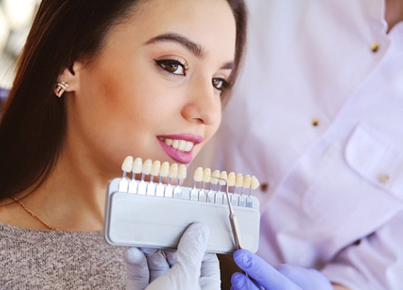 Dentist determining shade of patient's enamel