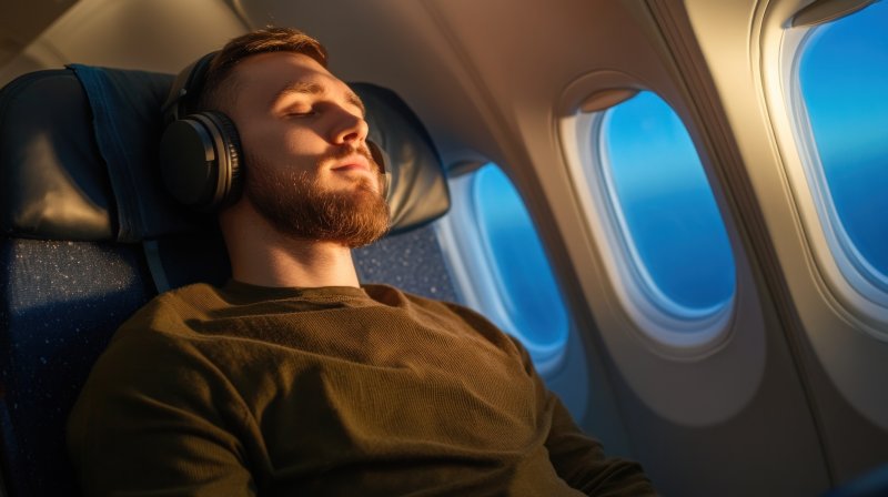 man asleep on a plane